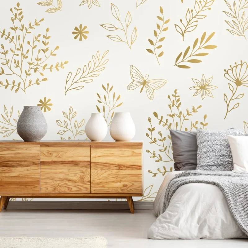 Wall mural golden botanical seamless pattern