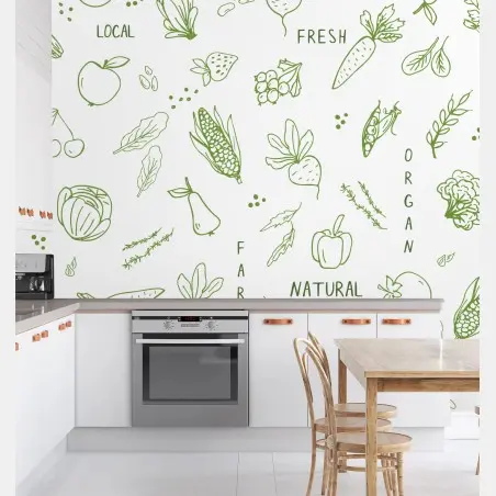 Wall mural hand-drawn vegetables and fruits pattern • Wallissimo®