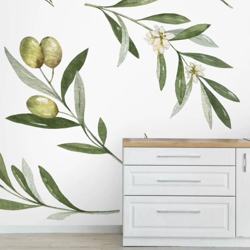 Wall mural olive branch watercolor pattern