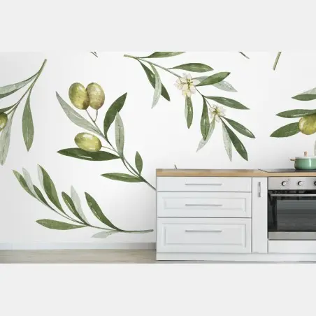 Wall mural olive branch watercolor pattern • Wallissimo®