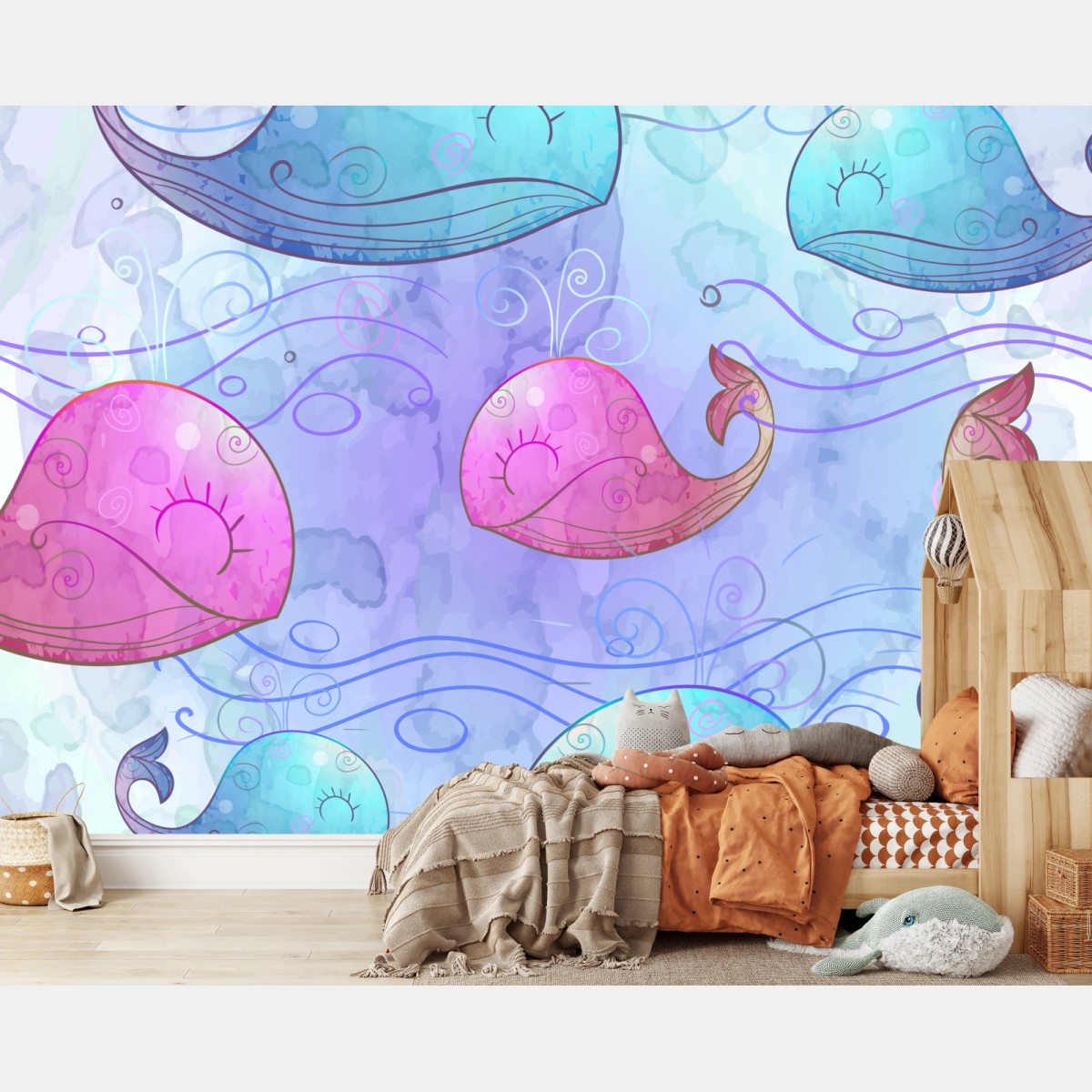 Wall mural watercolor whale dream pattern • Wallissimo®