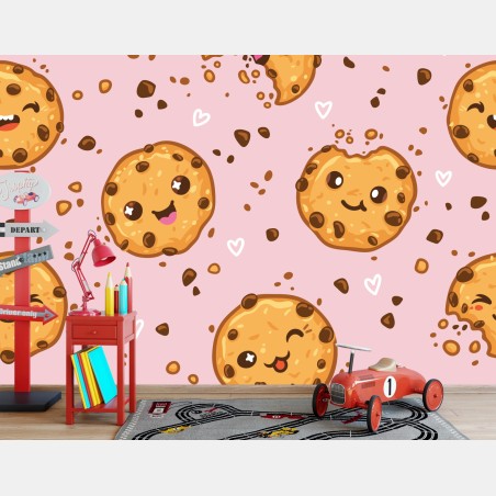 Wall mural cute kawaii cookie pattern on pink background • Wallissimo®