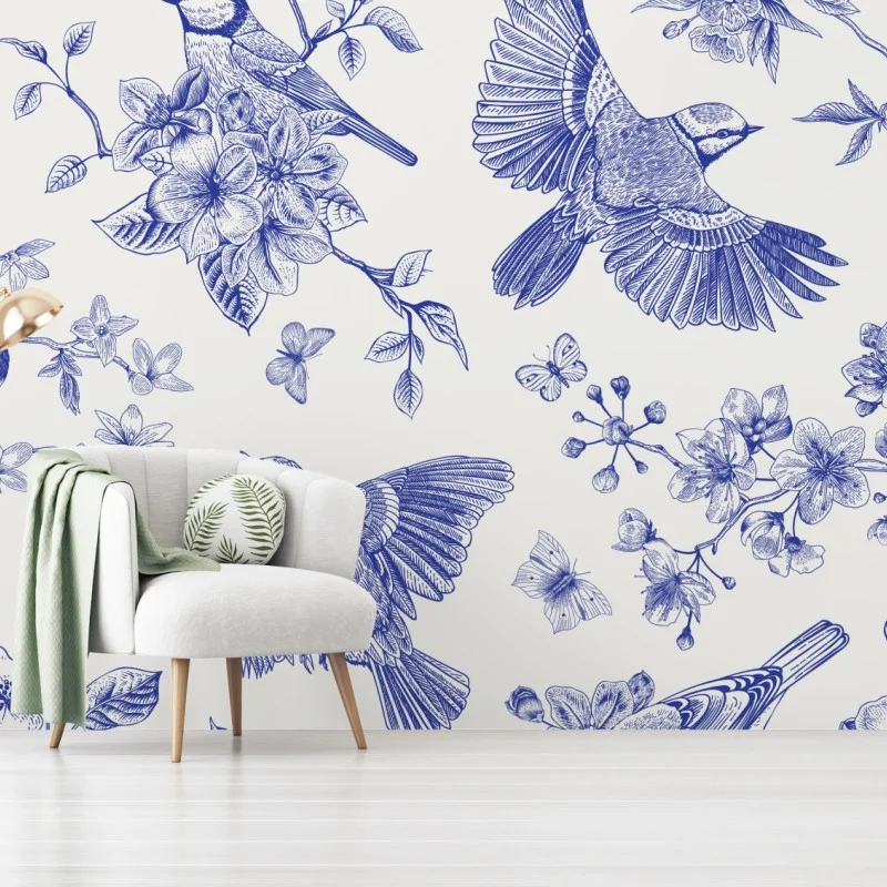 Wall mural blue vintage bird and blossom pattern