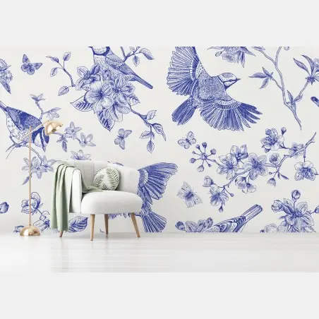 Wall mural blue vintage bird and blossom pattern • Wallissimo®