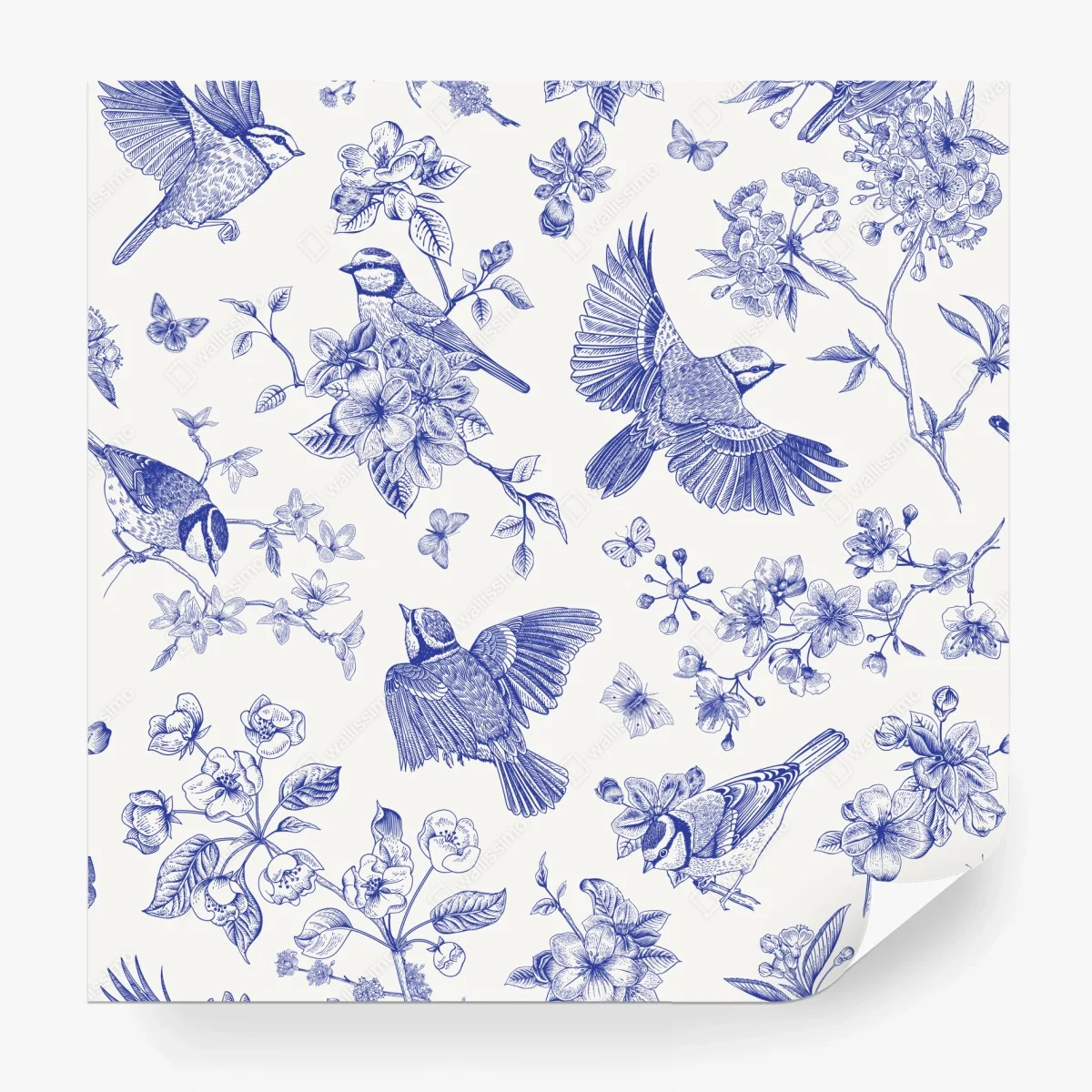 Wall mural blue vintage bird and blossom pattern ⁕ Wallissimo® Wall mural blue vintage bird and blossom pattern ⁕ Wallissimo®