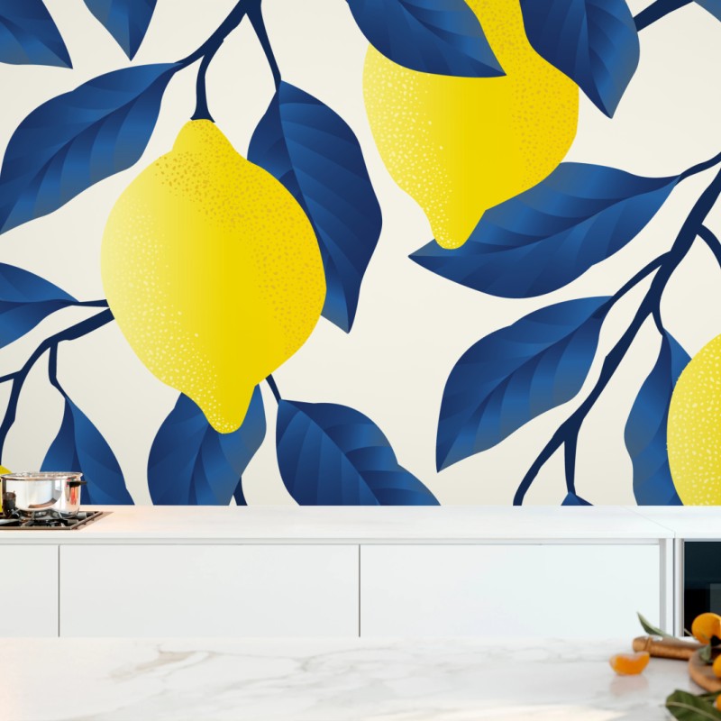 Wall mural vibrant lemon pattern with blue leaves