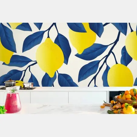 Wall mural vibrant lemon pattern with blue leaves • Wallissimo®