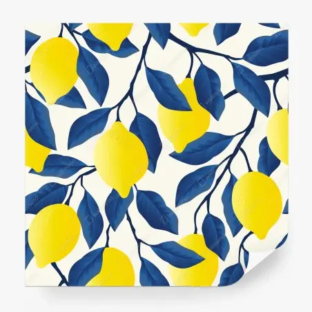 Wall mural vibrant lemon pattern with blue leaves • Wallissimo®