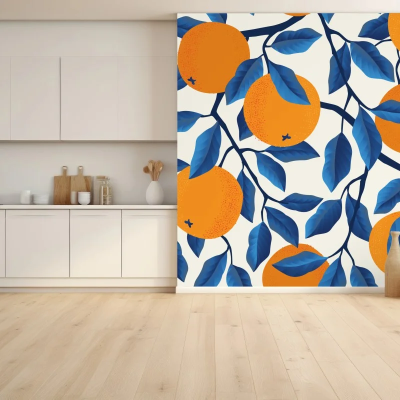 Wall mural bold orange and blue citrus pattern