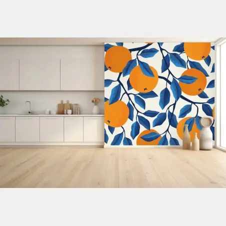 Wall mural bold orange and blue citrus pattern • Wallissimo®