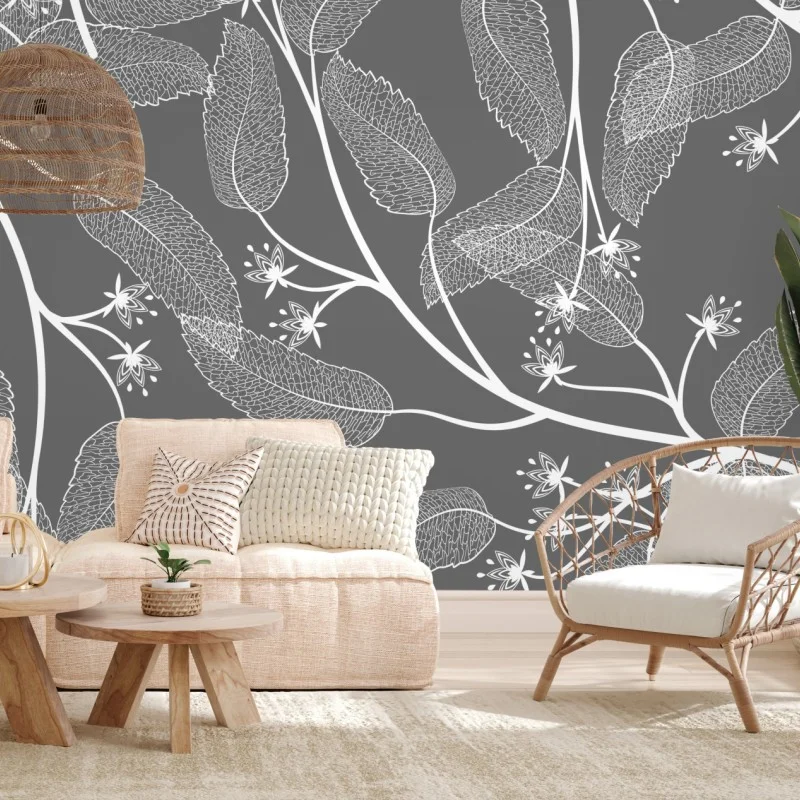 Wall mural delicate white leaves on gray background