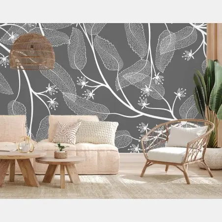 Wall mural delicate white leaves on gray background • Wallissimo®