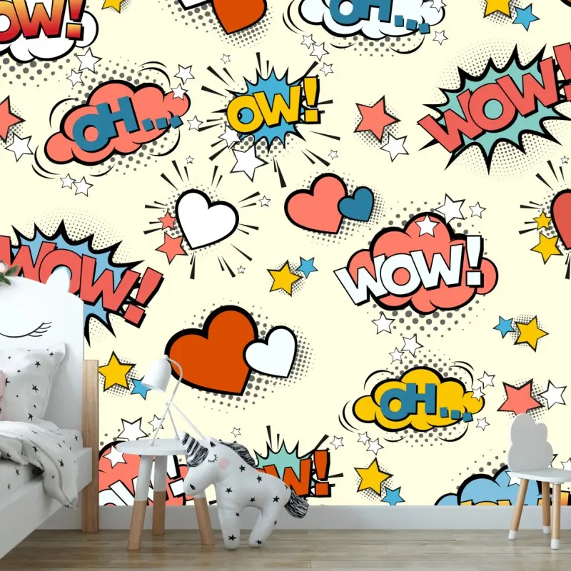 Wall mural pop art comic hearts and speech bubbles