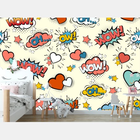 Wall mural pop art comic hearts and speech bubbles • Wallissimo®