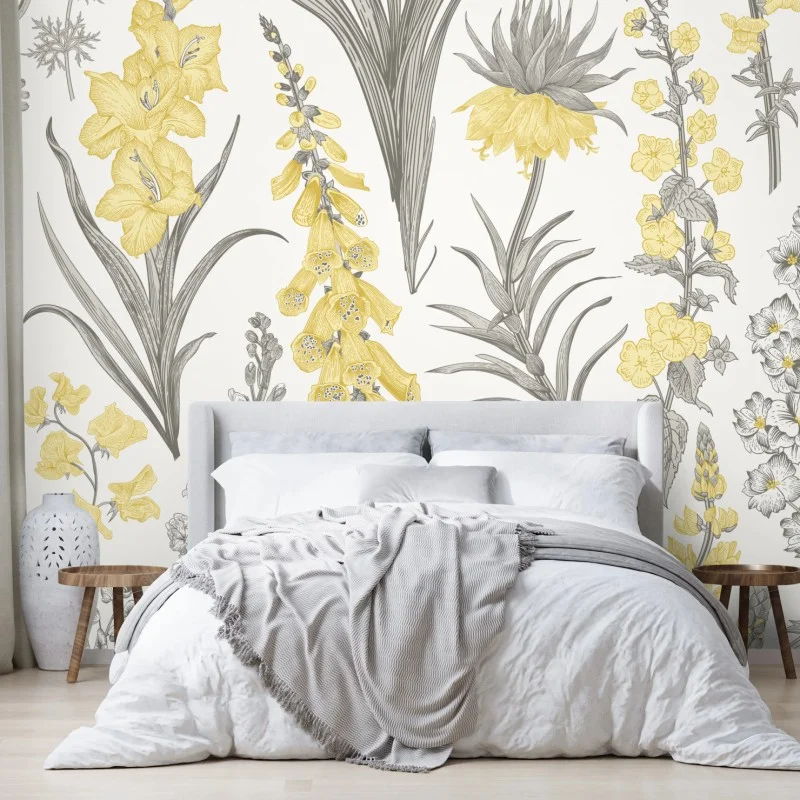 Wall mural vintage botanical floral pattern in yellow and gray