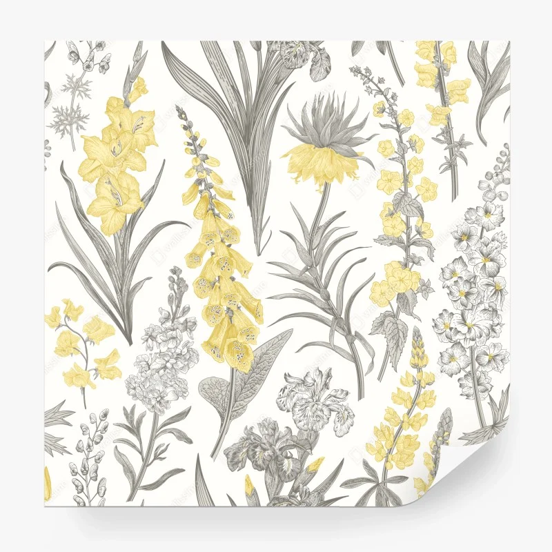 Wall mural vintage botanical floral pattern in yellow and gray
