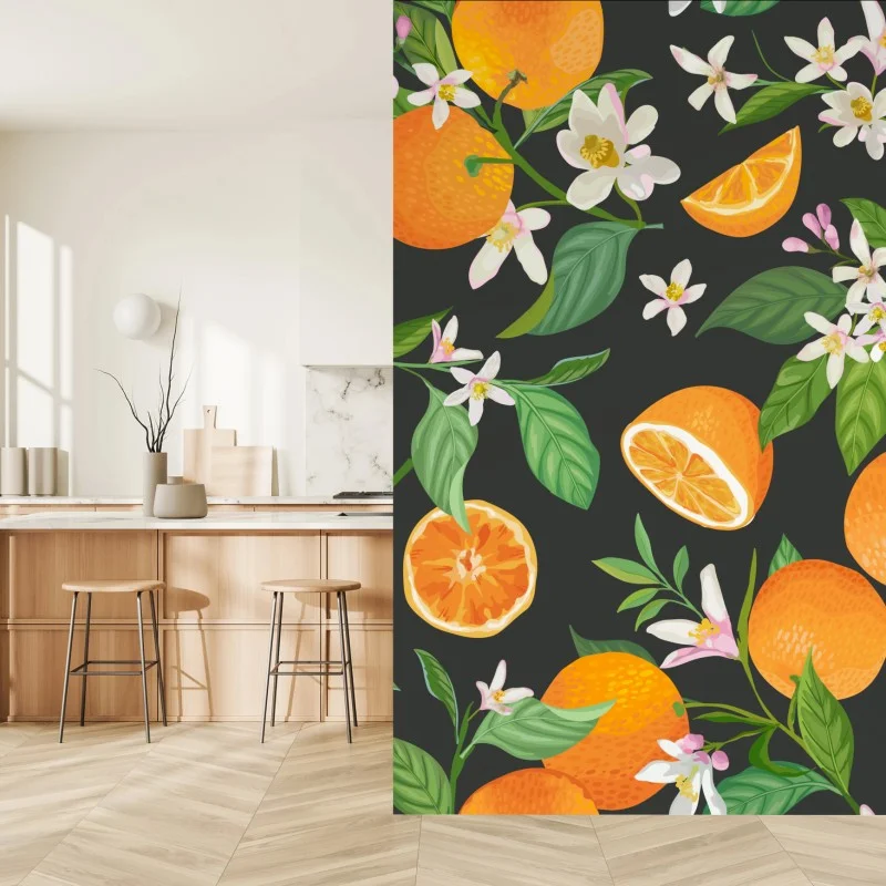 Wall mural orange blossom citrus pattern on dark background