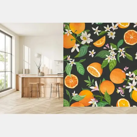 Wall mural orange blossom citrus pattern on dark background • Wallissimo®