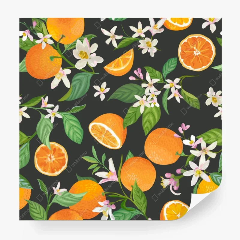Wall mural orange blossom citrus pattern on dark background