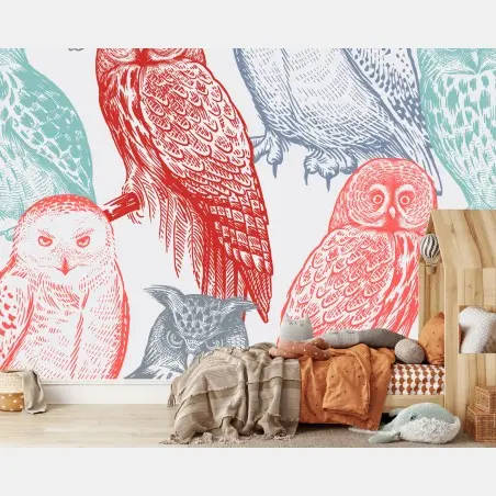 Wall mural whimsical colorful owl pattern • Wallissimo®