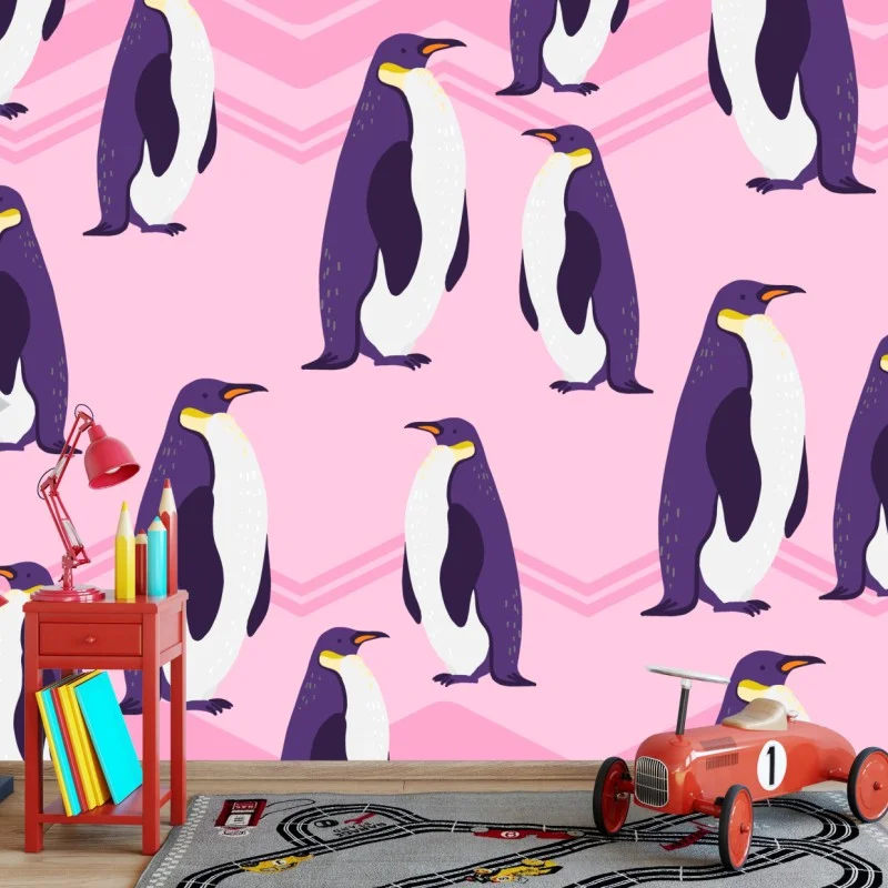 Wall mural playful purple penguin pattern on pink background