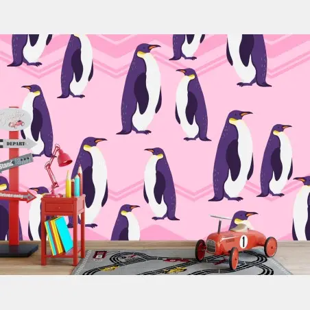 Wall mural playful purple penguin pattern on pink background • Wallissimo®