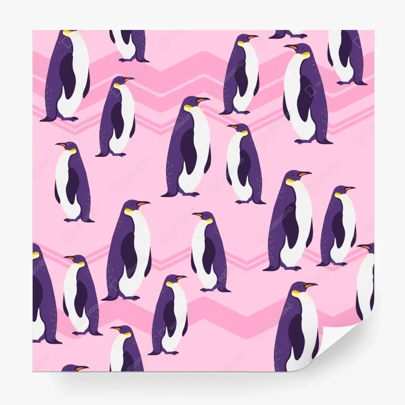Wall mural playful purple penguin pattern on pink background