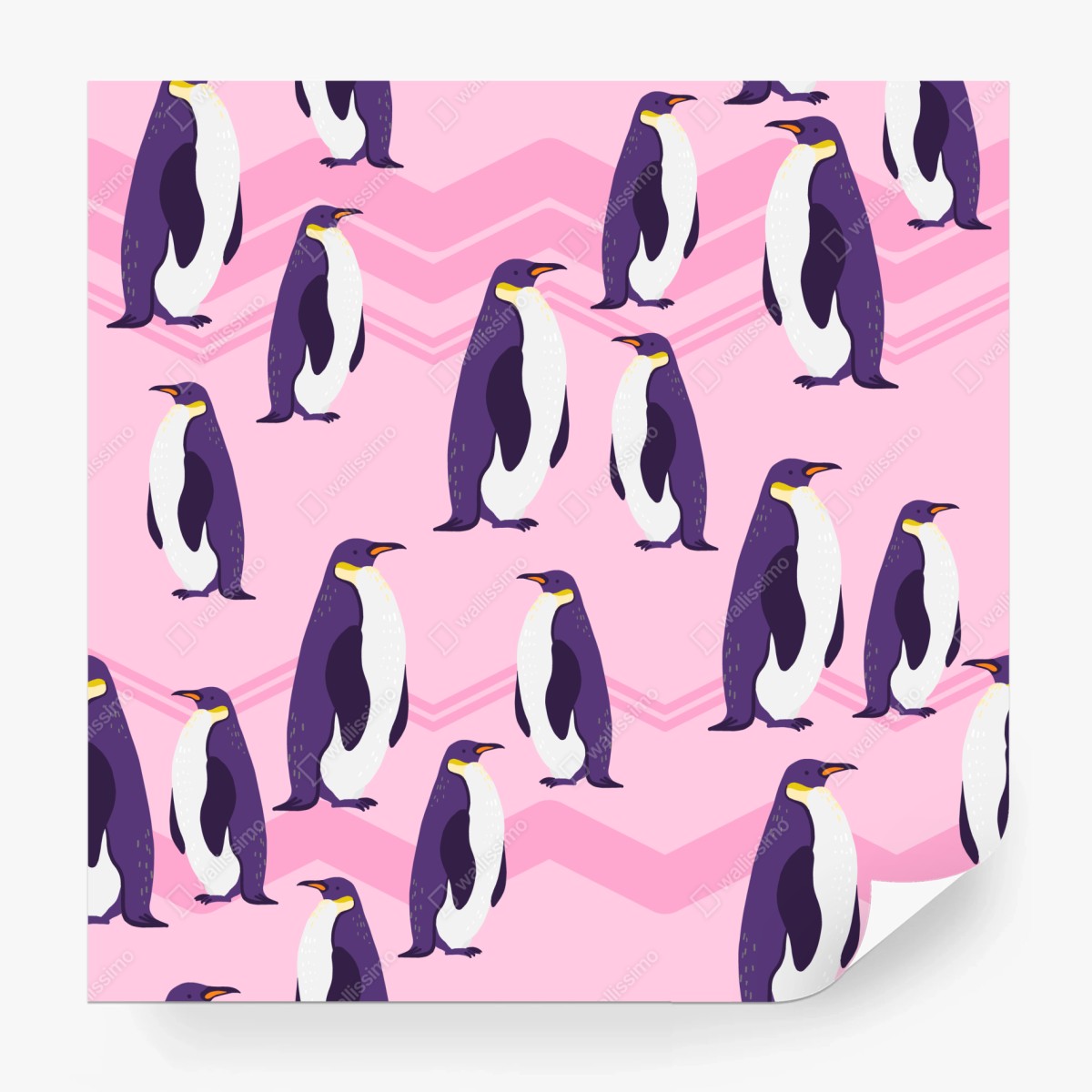 Wall mural playful purple penguin pattern on pink background • Wallissimo®
