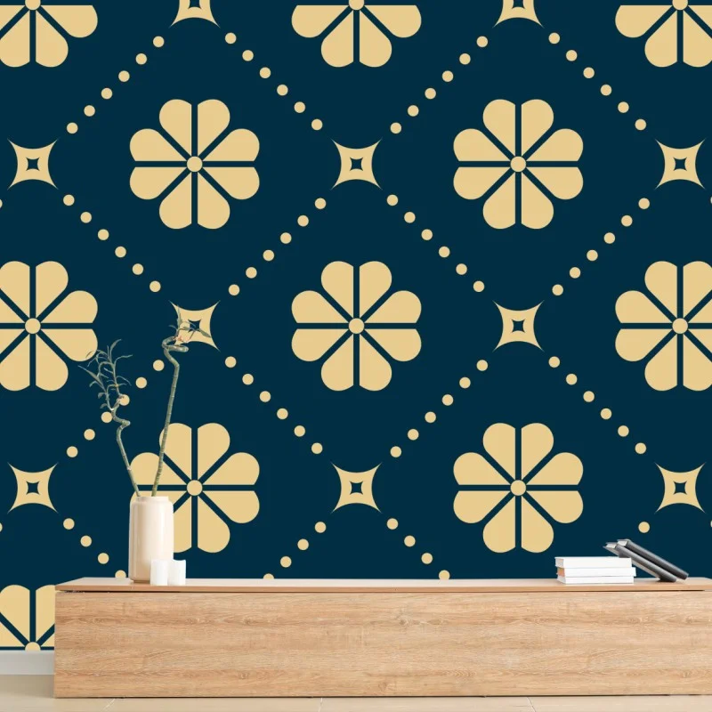 Wall mural teal and beige floral geometric pattern