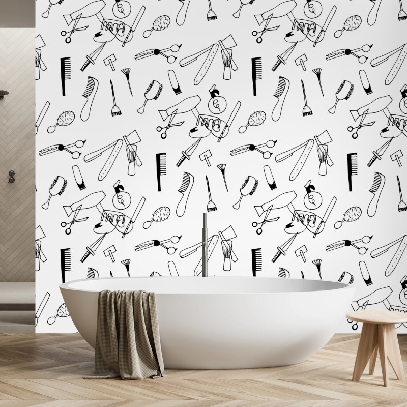Wall mural hand-drawn barber tools pattern