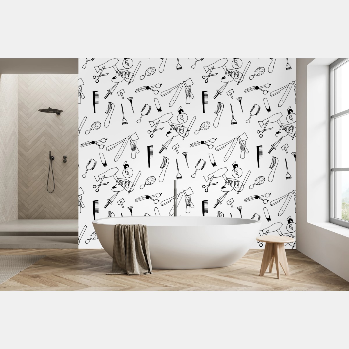 Wall mural hand-drawn barber tools pattern • Wallissimo®