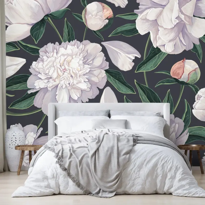 Wall mural white peony floral pattern on charcoal background