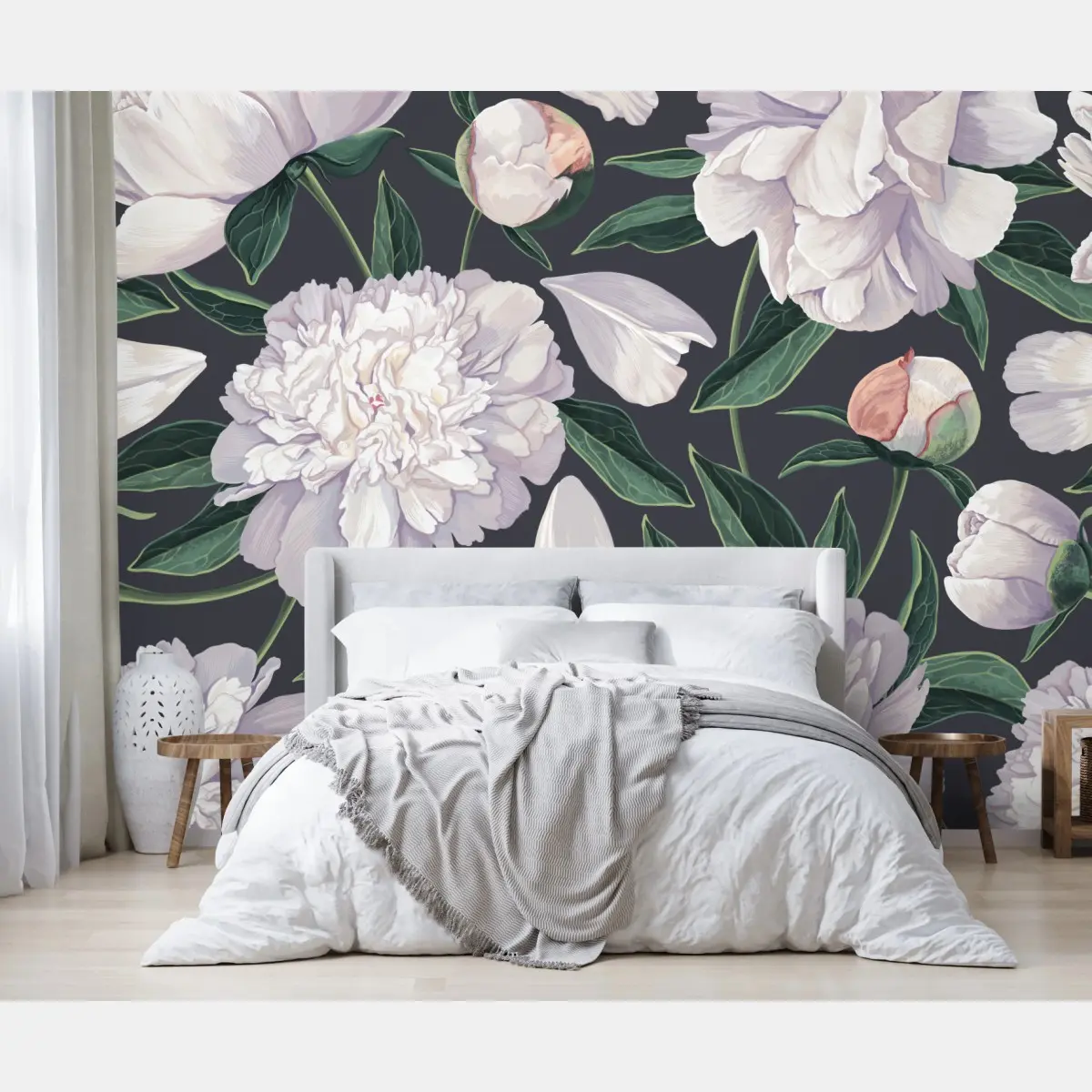 Wall mural white peony floral pattern on charcoal background • Wallissimo®