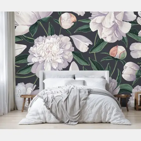 Wall mural white peony floral pattern on charcoal background • Wallissimo®