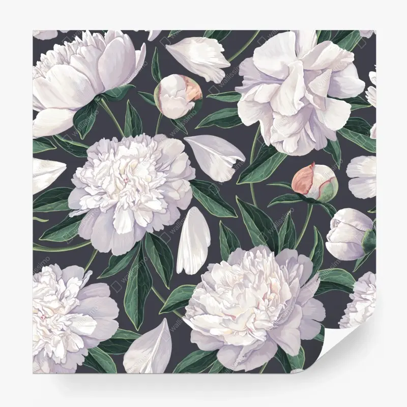 Wall mural white peony floral pattern on charcoal background