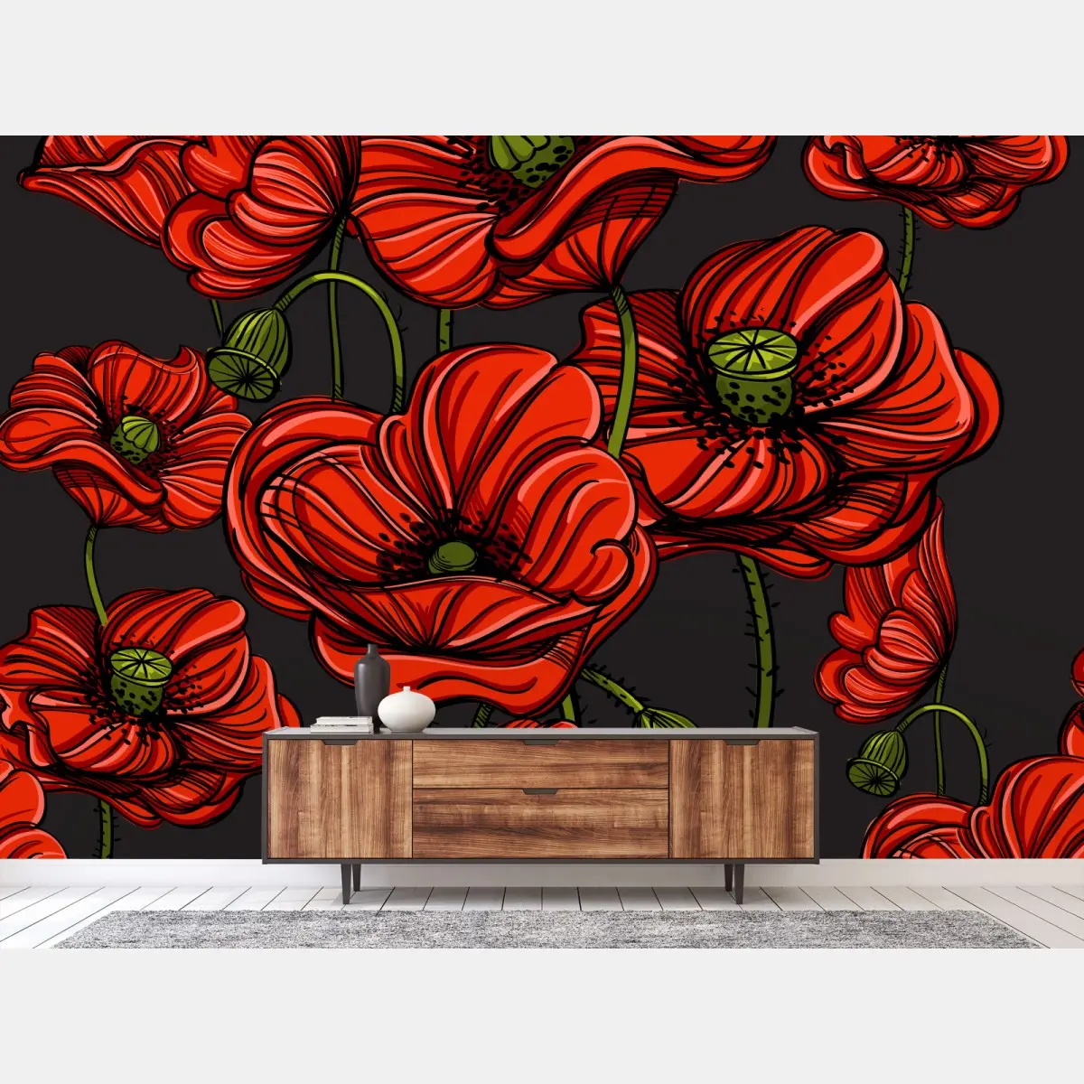 Wall mural vibrant red poppy floral illustration • Wallissimo®