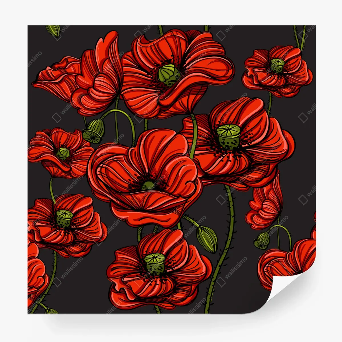 Wall mural vibrant red poppy floral illustration • Wallissimo®