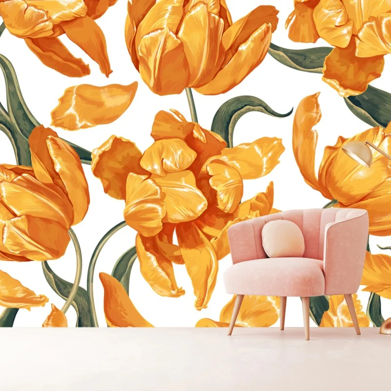 Wall mural vibrant orange tulip pattern