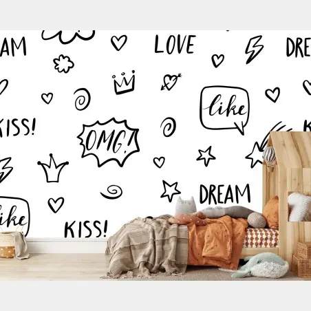 Wall mural playful doodle pattern with hearts and stars • Wallissimo®