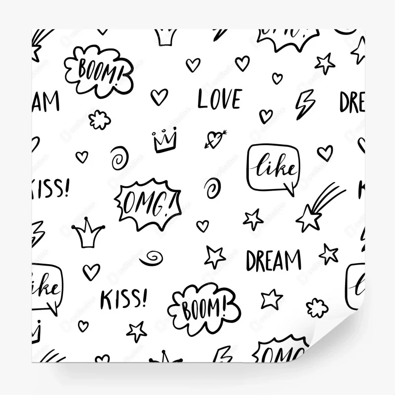 Wall mural playful doodle pattern with hearts and stars