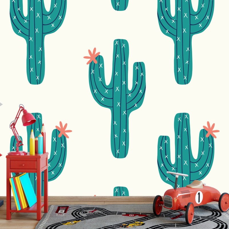 Wall mural playful turquoise cactus pattern