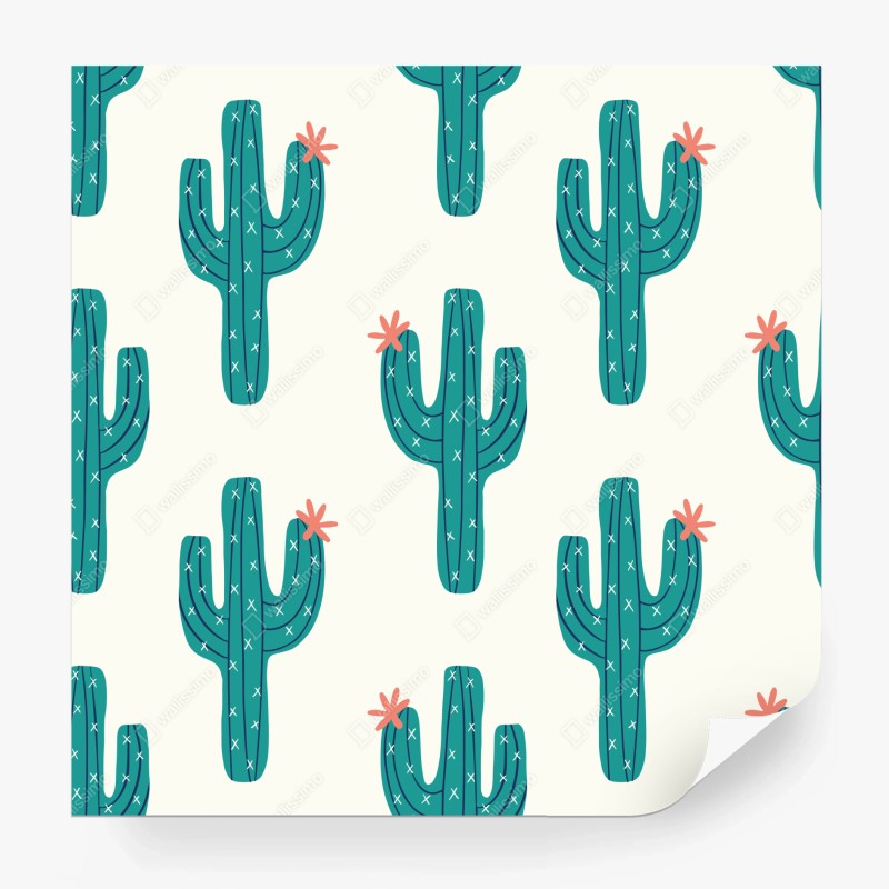 Wall mural playful turquoise cactus pattern