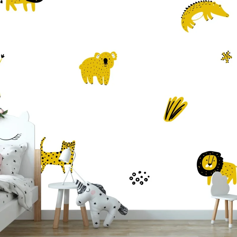 Wall mural playful yellow safari animals pattern