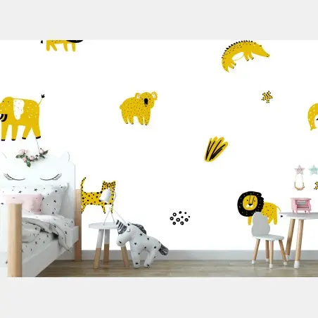 Wall mural playful yellow safari animals pattern • Wallissimo®