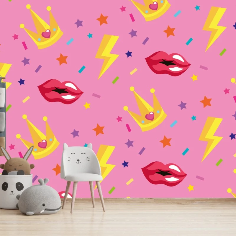 Wall mural playful princess pattern with crowns and lips