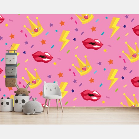 Wall mural playful princess pattern with crowns and lips • Wallissimo®