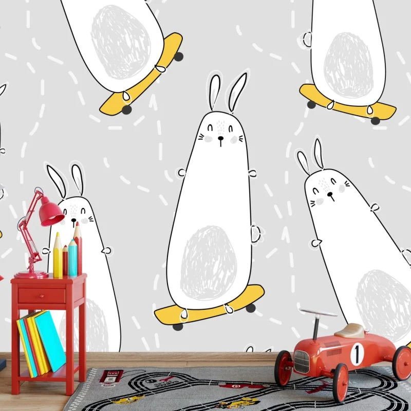 Wall mural playful skateboarding bunnies pattern