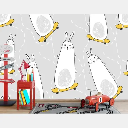 Wall mural playful skateboarding bunnies pattern • Wallissimo®