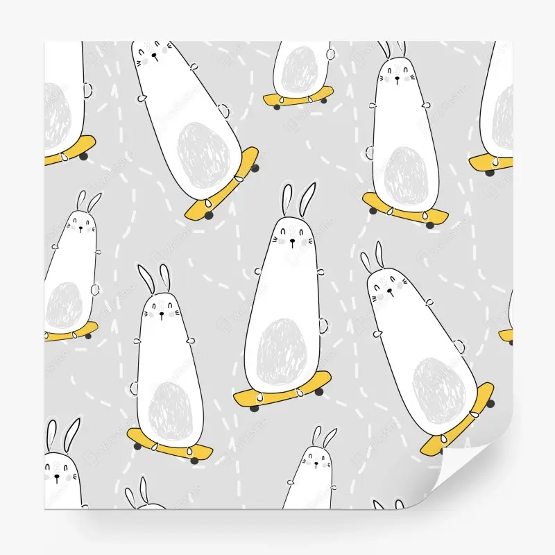 Wall mural playful skateboarding bunnies pattern