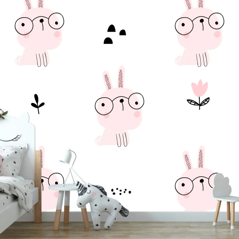 Wall mural playful pink bunny pattern for nursery